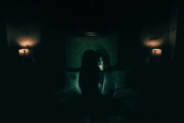 double exposure of ghost woman in haunted hotel with dark filter, halloween concept - obrazy, fototapety, plakaty