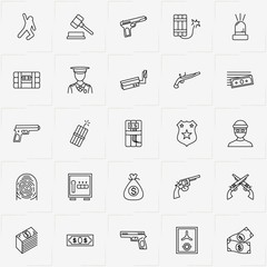Criminal line icon set with policeman , judge hammer and finger print