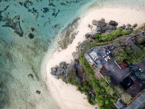 Indonesia, Bali, Aerial view of Nusa Dua beach, Temple from above