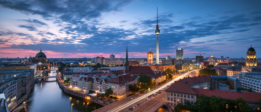 Germany, Berlin, elevated city view at morning twilight