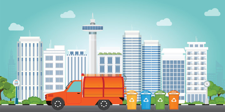 City waste recycling concept with garbage truck on modern building