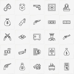 Criminal line icon set with justice , gun  and safe