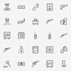 Criminal line icon set with portable radio , offender and police shield