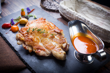 Tomato juice with chicken steak