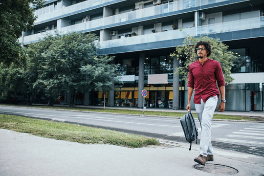 Young Man Going To Work, Crossing Road