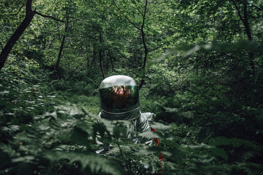 Spaceman exploring nature, looking at forest