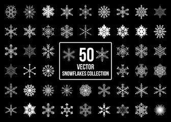 White Snowflakes winter collection isolated on black background. Flat snow icons. Christmas and new year banner, cards decoration element set. Vector Illustration