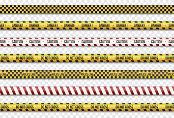 Black and yellow stripes set. Caution lines isolated. Warning tapes.  Do not cross, police, Danger signs lines. Vector illustration. 