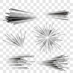 Speed lines set. Motion effect for your design. Black Comic lines on a transparent background.  Vector illustration 