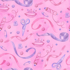 Seamless pattern with illustrations of sewing tools