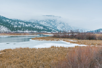 View of frozen marsh and snow covered mountains at Vaseux Lake  Protected Area