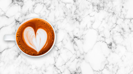 Hot chocolate cup on white marble background.