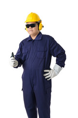 portrait of a worker in Mechanic Jumpsuit isolated on white background