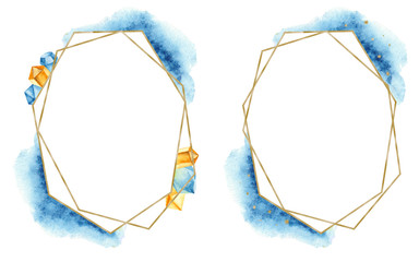 Geometric golden frame with watercolor blue spots and gems. Polygon template for wedding,...