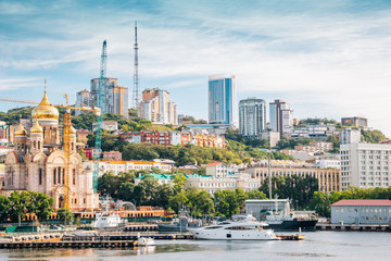 Vladivostok city and Golden horn bay in Russia - obrazy, fototapety, plakaty