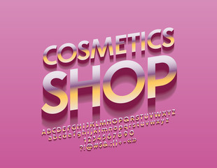 Vector chic Pink and Golden sign Cosmetic Shop. Metallic gradient Font. Glamour Alphabet Letters, Numbers and Symbols.