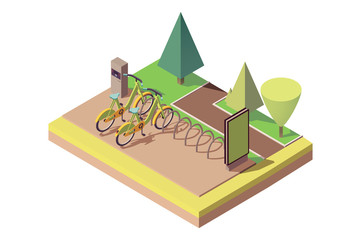 Bicycle parking in park near alley, walking path.