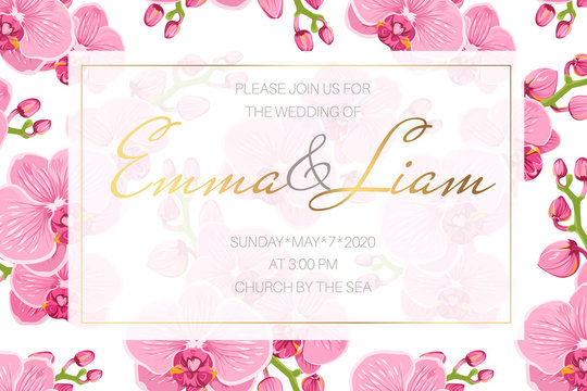 Wedding event invitation card template. Rectangular border frame decorated with bright pink purple orchid phalaenopsis exotic flowers. Luxury shiny gold gradient text placeholder. White background.