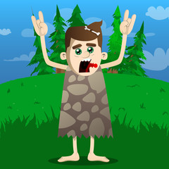 Cartoon caveman with hands in rocker pose. Vector illustration of a man from the stone age.