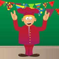 Fat male cartoon chef in uniform with hands in rocker pose. Vector illustration.