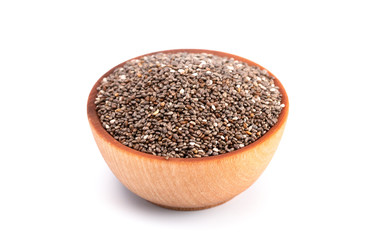 Pile of Organic Raw Chia Seeds in a Wooden Bowl