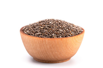 Pile of Organic Raw Chia Seeds in a Wooden Bowl