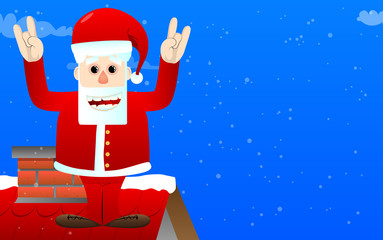 Santa Claus in his red clothes with white beard with hands in rocker pose. Vector cartoon character illustration.