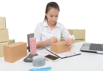 business owner woman working online shopping prepare product packaging process