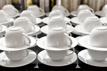 Coffee or tea cups prepared for serving in party