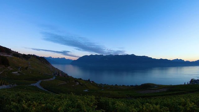 Autumn sunset timelapse Lavaux vineyard, Lake L&radic;&copy;man and the Alps in the background - Switzerland