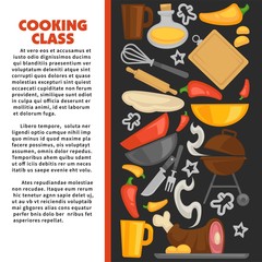 Cooking kitchen utensils and ingredients poster. Vector chef