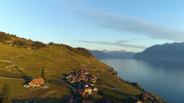 Aerial shot over Riex and Epesses typical villages in Lavaux vineyard at sunset light, autmn colors - Switzerland
Lake L&radic;&copy;man and the Alps in the background