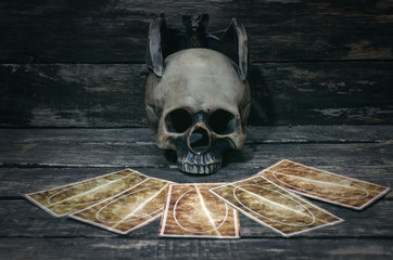 Tarot cards on fortune teller desk table background. Futune reading concept. Divination.