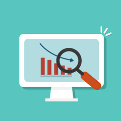 Magnifying glass showing decrease graph on the computer vector