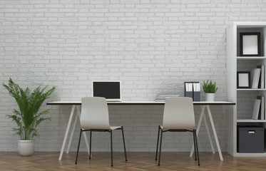 White chair,shelves in front of a white brick wall co working sace Model Home office Meeting rooms have computers,notebooks. Business 3d rendering,Recruitment