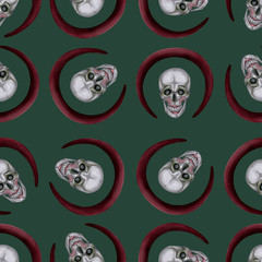 seamless pattern. a skull with make up and round red frame on the green background