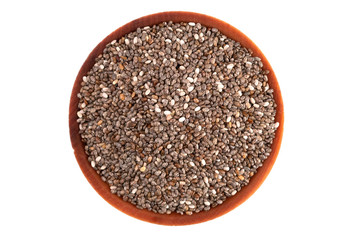 Pile of Organic Raw Chia Seeds in a Wooden Bowl