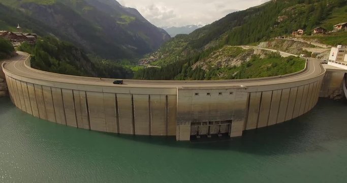 Aerial view of the Chevril Dam on the Is&radic;&reg;re in the municipality of Tignes in the Rh&radic;&part;nes-Alpes region in south-eastern France