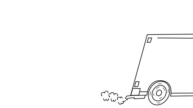 2d Animation motion graphics showing a drawing of a truck driver driving delivery truck or van going from left to right on screen on white in HD high definition.