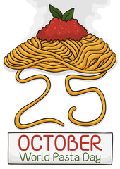 Delicious Spaghetti Forming the Date to Celebrate World Pasta Day, Vector Illustration