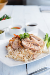 Hainanese chicken rice , gourmet steamed chicken with rice