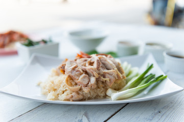 Hainanese chicken rice , gourmet steamed chicken with rice
