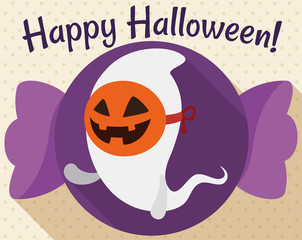 Ghost Wearing a Pumpkin Mask and Saluting you for Halloween, Vector Illustration