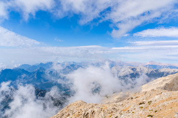 aerial view, view of the peaks of the Taurus Mountains, blue sky and clouds