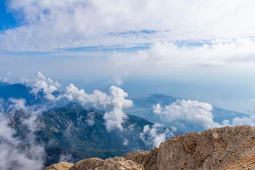 aerial view, view of the peaks of the Taurus Mountains, blue sky and clouds