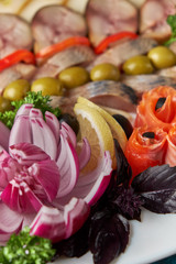 Plate with fish platter on blue background