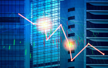 Stock index graph and chart in modern building background (red bear chart)