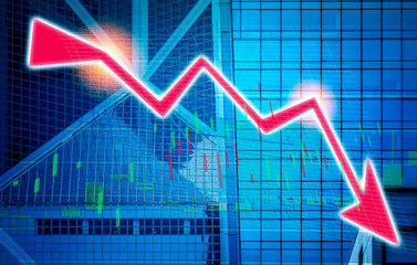 Stock index graph and chart in modern building background (red bear chart)