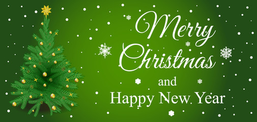 Merry Christmas vector card with christmas tree on green background