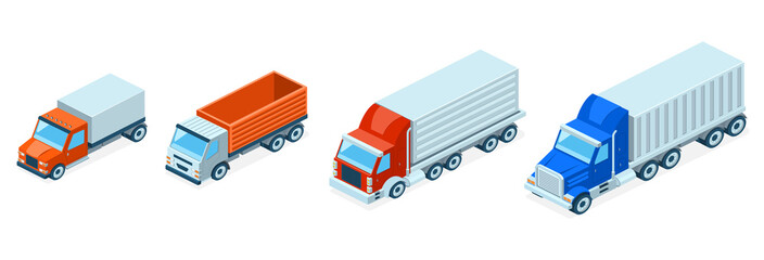 Vector set of 3d isometric trucks, multi-ton vehicles. Cars with cargo isolated on white background. Van, lorry in red, grey and blue colors. Shipping, delivery concept. Transport collection.